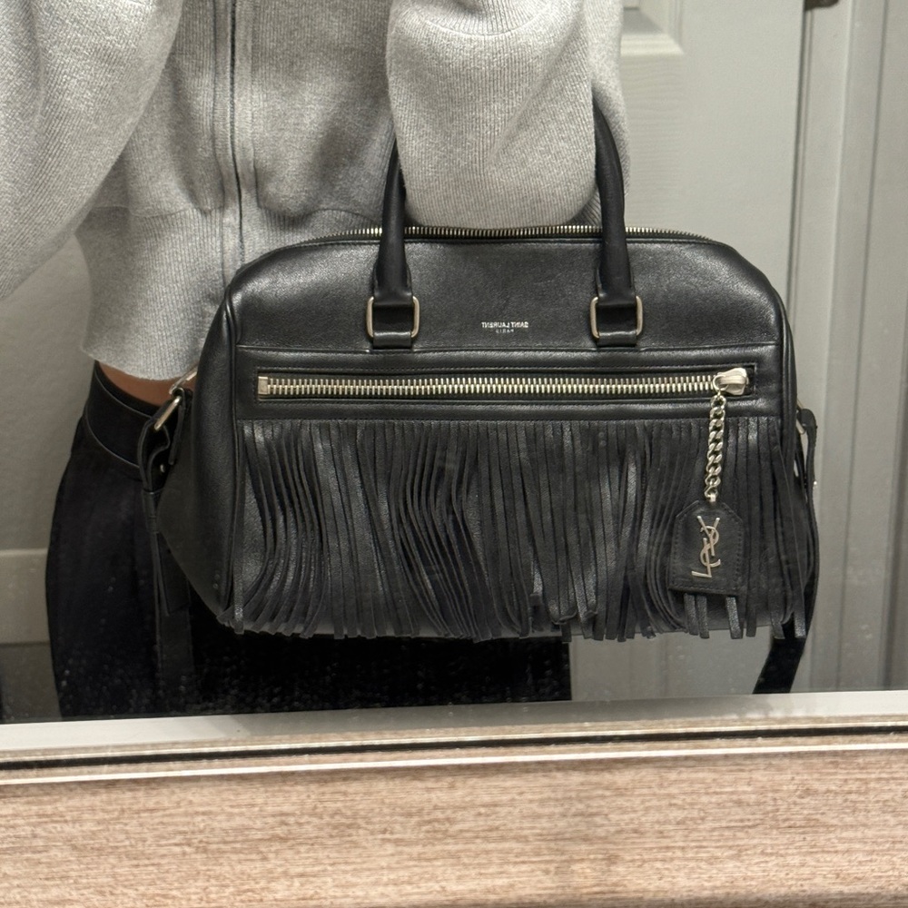 Yves Saint Laurent Black Leather Fringe Satchel Crossbody - Picture 9 of 10